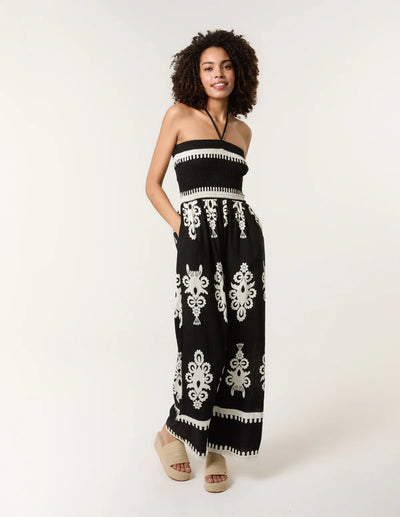 Shirred Bodice Halterneck Printed Jumpsuit Black – Sizes S/M & M/L
