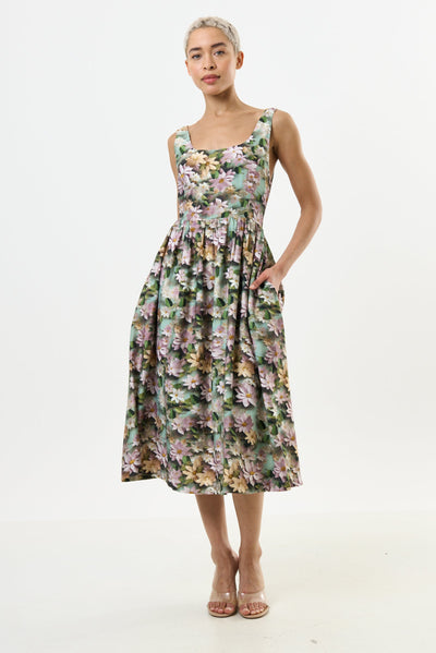 Sherazade 3D Daisy Print Square Neck Midi Dress - Green