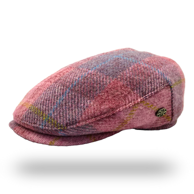 Machair Pink Tartan Harris Tweed Flat Cap, side view with Bullantic badge