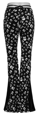 Punk Rave Nulia Spliced Velvet Flared Trousers with Skull Print