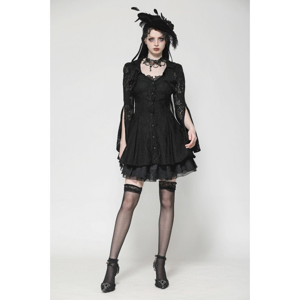 Dark in Love Luca Black Hollow Lace Gemstone Button Adjustable Waist Dress