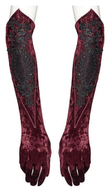 Punk Rave Selene Embroidered Velvet Gloves in Crimson