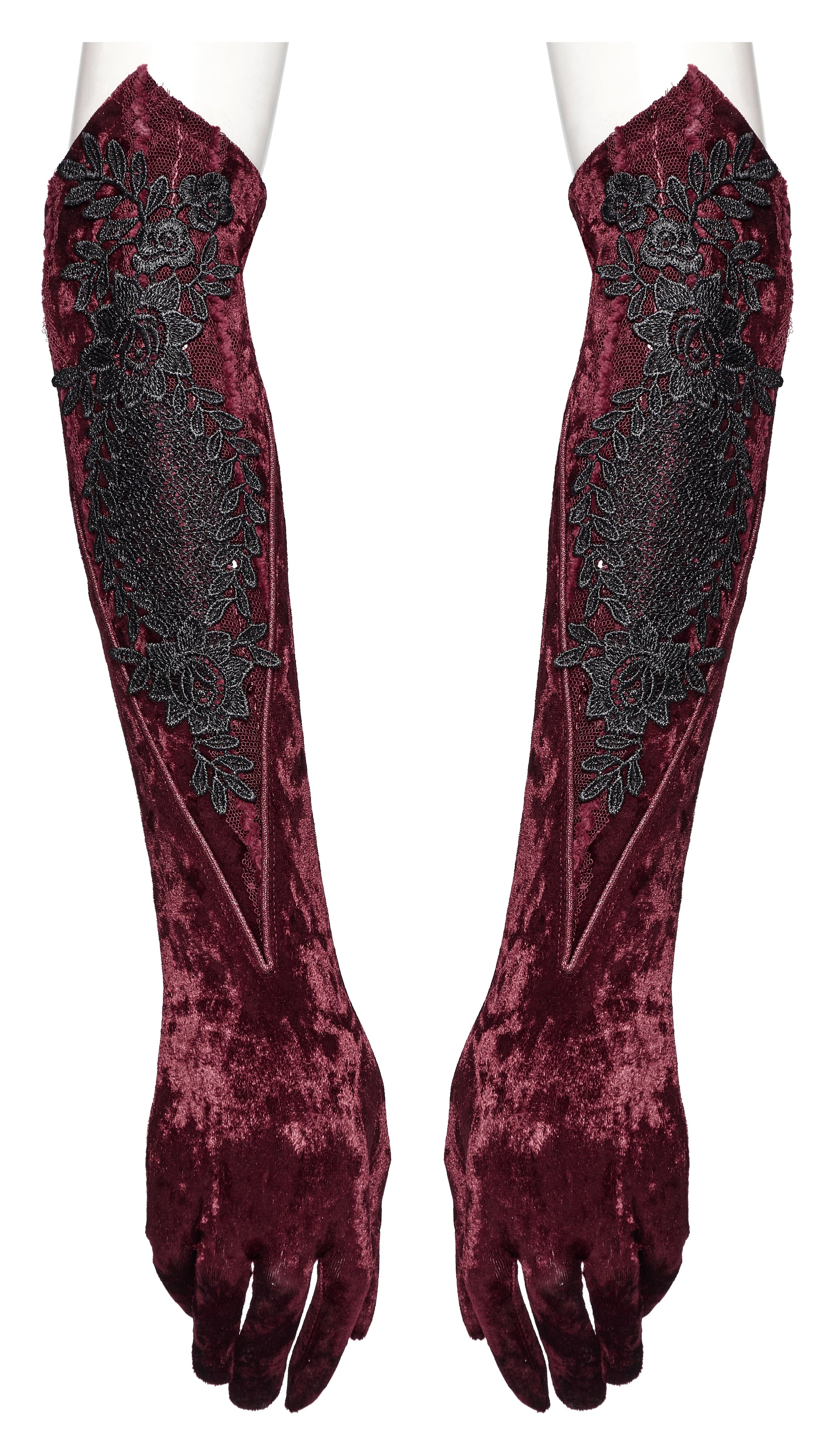 Punk Rave Selene Embroidered Velvet Gloves in Crimson