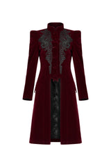 Punk Rave Nerezza Goth Mid-Length Embroidered Velvet Coat in Red