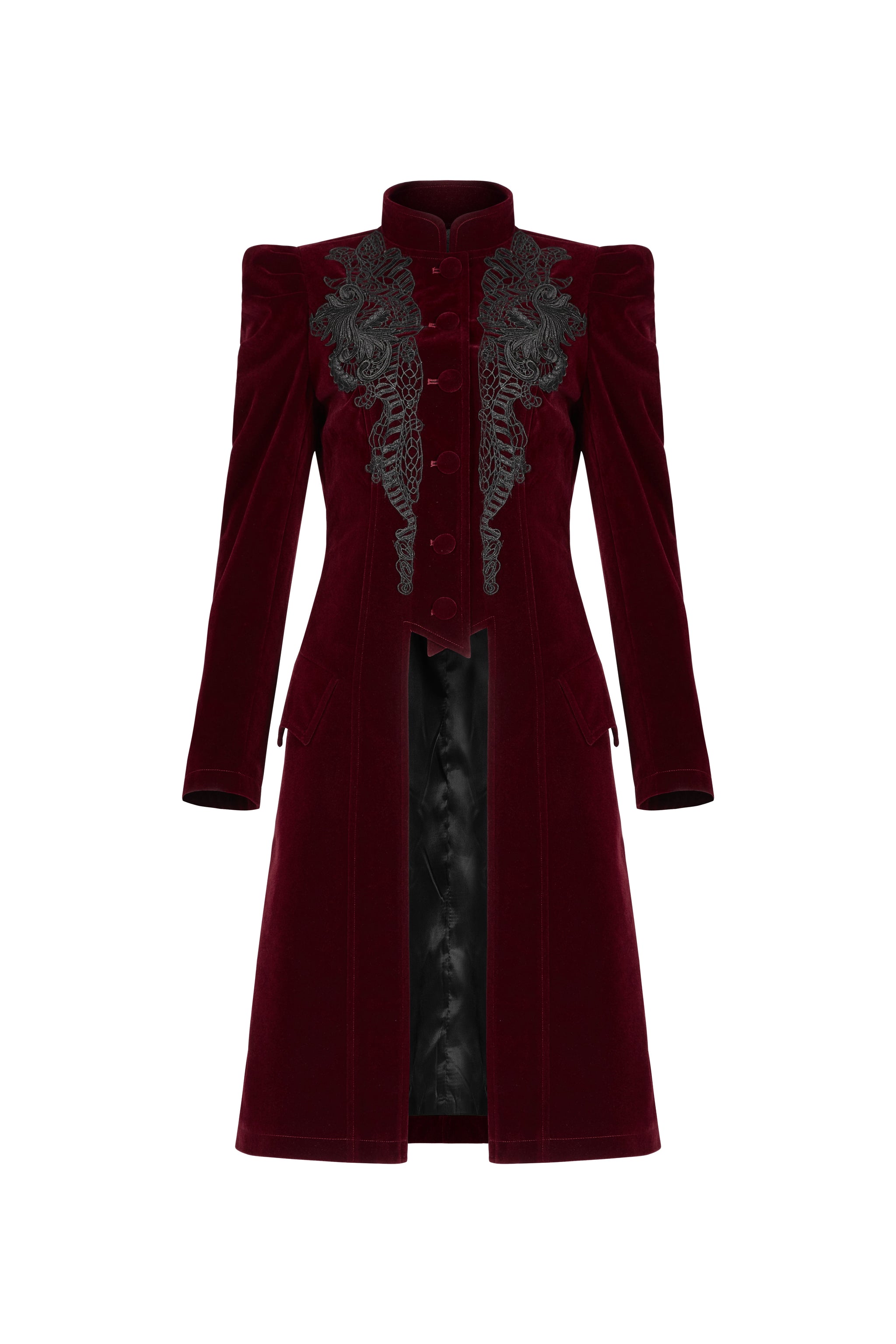 Punk Rave Nerezza Goth Mid-Length Embroidered Velvet Coat in Red