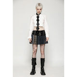 Dark in Love Sage Tartan Patchwork Leather-Waist Pleated Mini Skirt