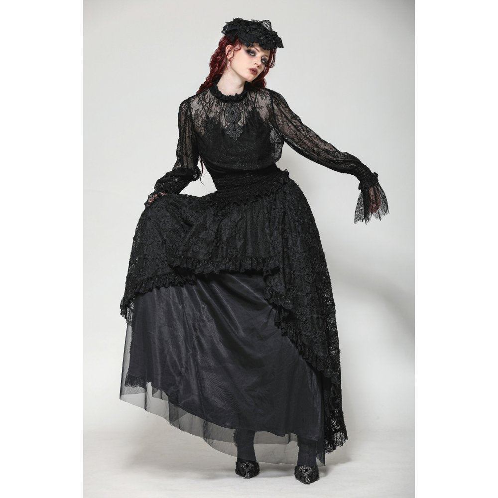 Dark in Love Aoife Black Hollow Lace Elastic Pleated Waist Eyelash Lace Cuff Top