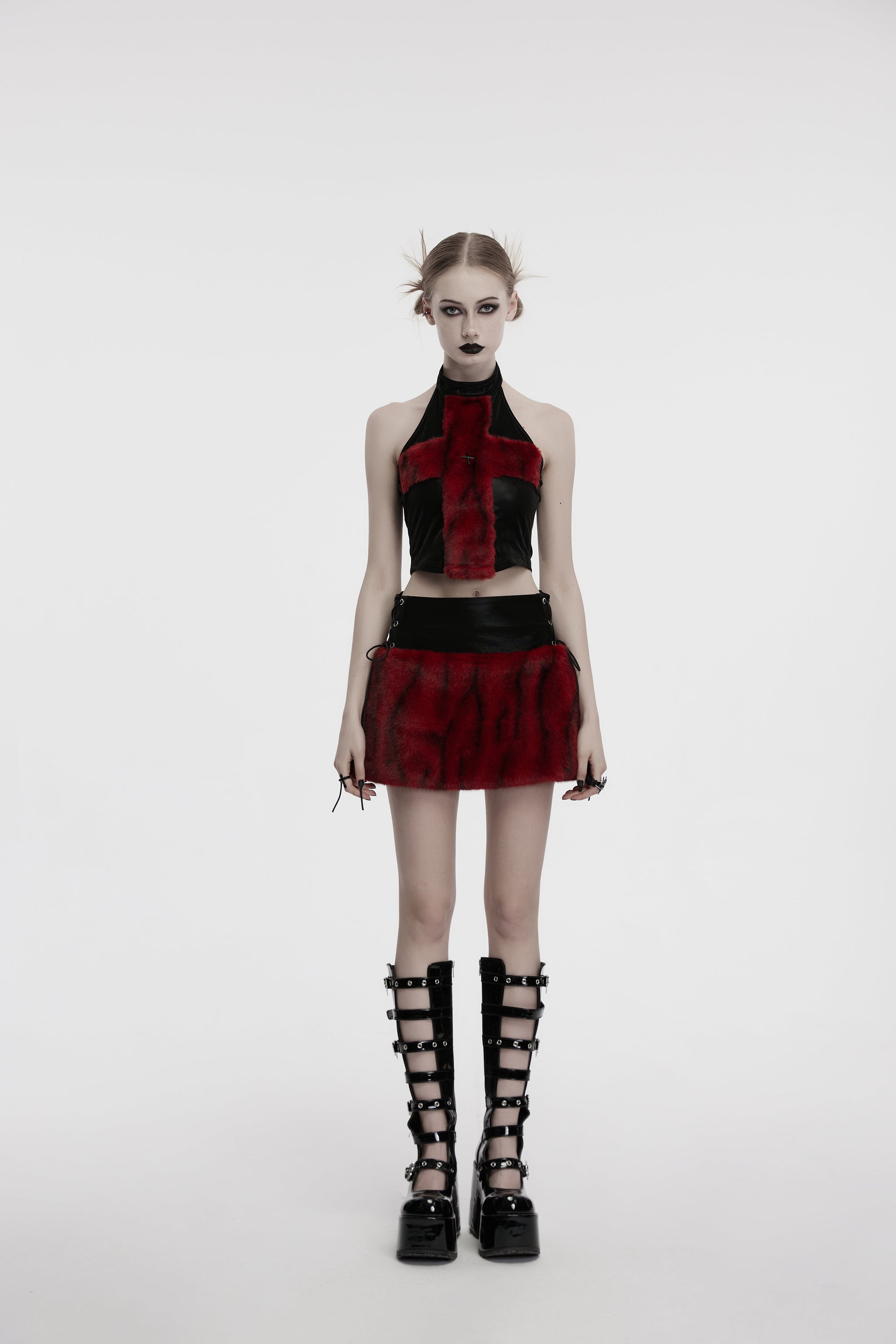 Punk Rave Valora Cross Fur Halter Top In Crimson