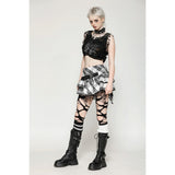 Dark in Love Quinn Punk Black and White Checkered Asymmetrical Messy Net Skirt