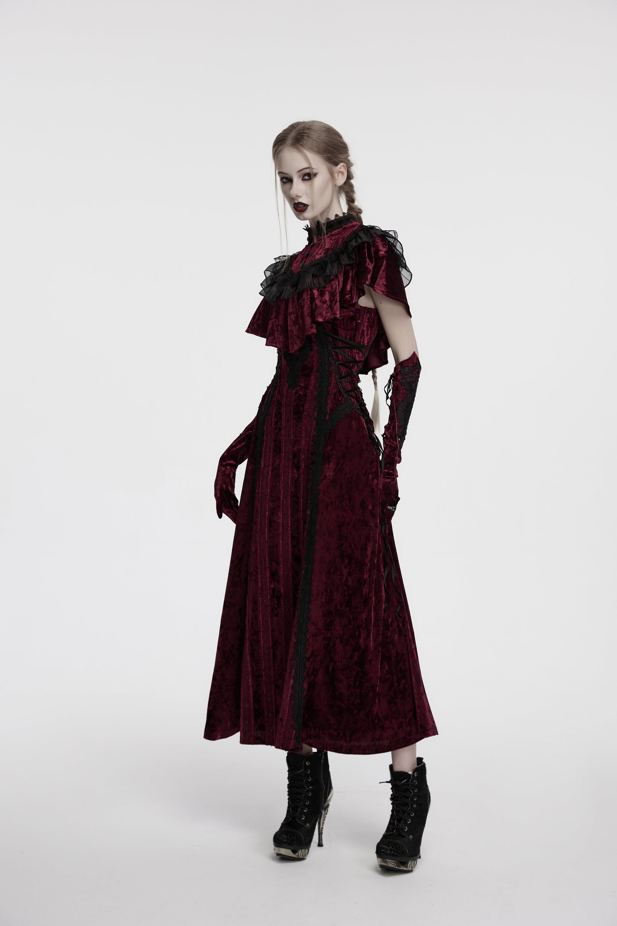 Punk Rave Vivienne Velvet Lace Panel Goth Slip Dress In Burgundy