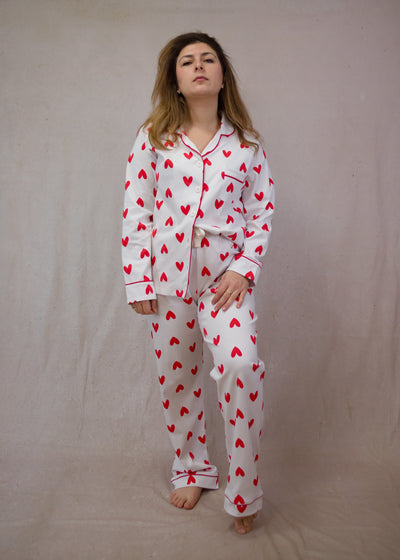Women's Long Sleeve Pima Cotton Pyjama Set – Hearts Print
