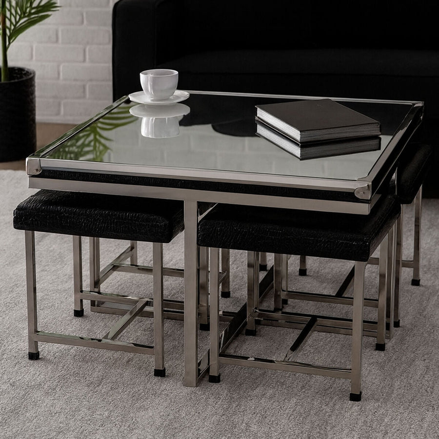 Silver 5 Piece Square Coffee Table and Stool Set with Crocodile Leather Effect | Carla