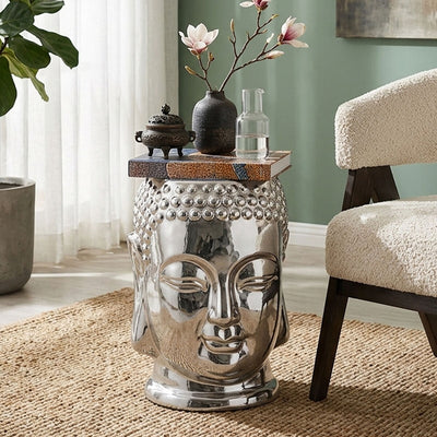 Complements Silver Dolomite Buddha Sculpted Side Table Deep Black Rounded Top | Torcello