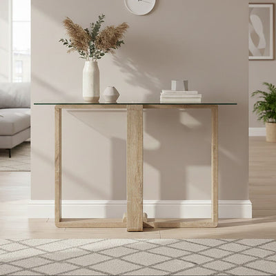 Clear Tempered Glass Top Console Table with Natural Wood Effect Legs | Barton