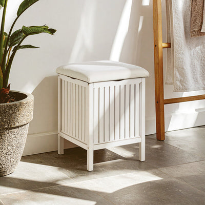 White Bathroom Storage Stool with Padded Seat | Salon