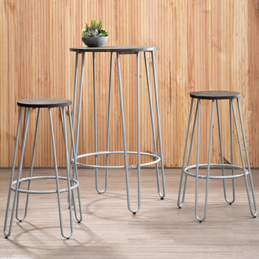 3 Piece Elm Wood Bar Table and Stool Set with Hairpin Legs in Natural Finish | District