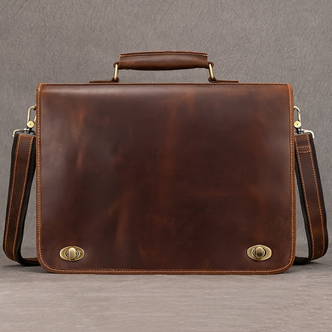 Vintage Crazy Horse Genuine Leather Briefcase for Men, Genuine Leather Business Handbag, Shoulder Crossbody Bag, Cowhide Commuter Laptop Bag