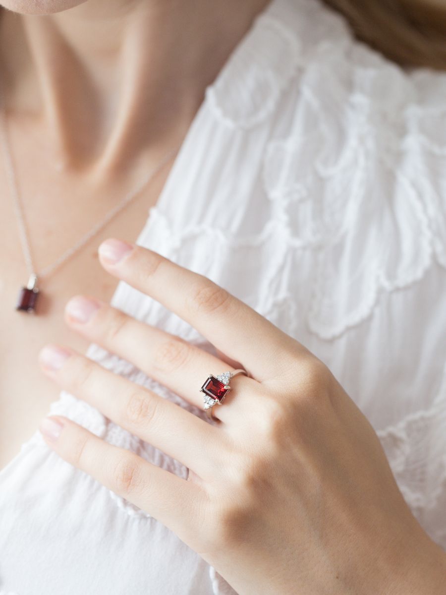 Garnet Emerald Cut Ring in Sterling Silver