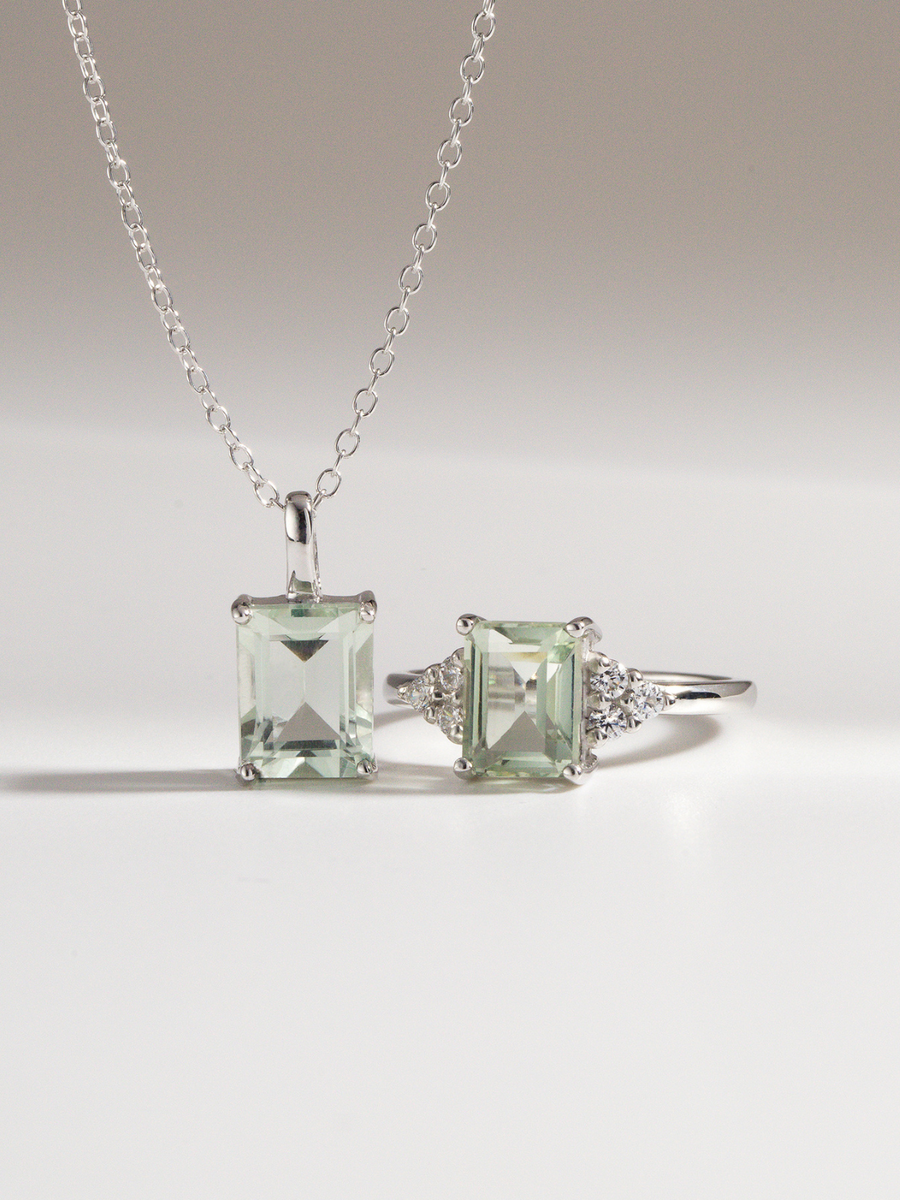 Green Amethyst Emerald Cut Ring in Sterling Silver