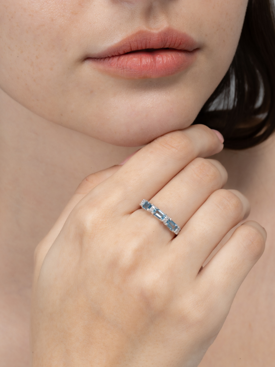 London Blue Topaz Emerald Cut Eternity Ring in Sterling Silver
