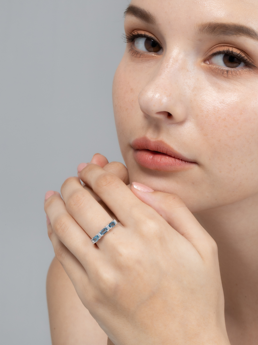 London Blue Topaz Emerald Cut Eternity Ring in Sterling Silver