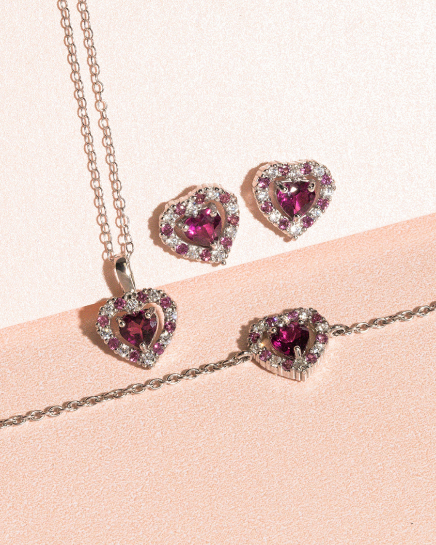Red Heart Rhodolite Garnet Stud Earrings in Sterling Silver