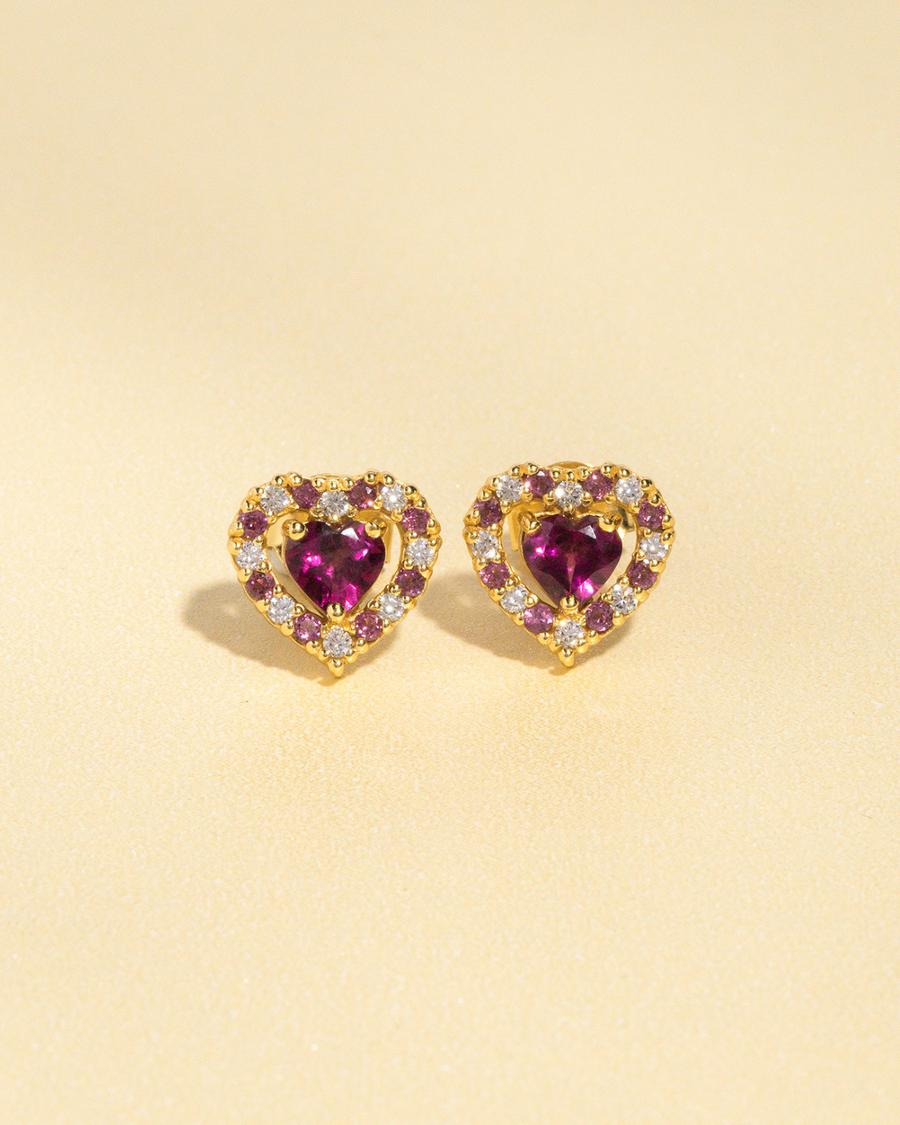 Red Heart Rhodolite Garnet Stud Earrings in 18k Gold Vermeil