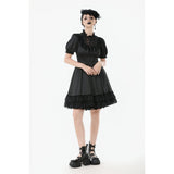 Dark in Love Belladonna Lace-Up High Collar Puff Sleeve Goth Dress  in Black