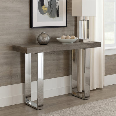 Grey Elm Wood Console Table with Stainless Steel U-Shape Legs, Ulmus