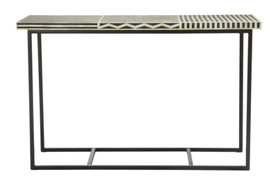 Black Console Table with Bone Inlay Pattern Top and Black Metal Base | Boho