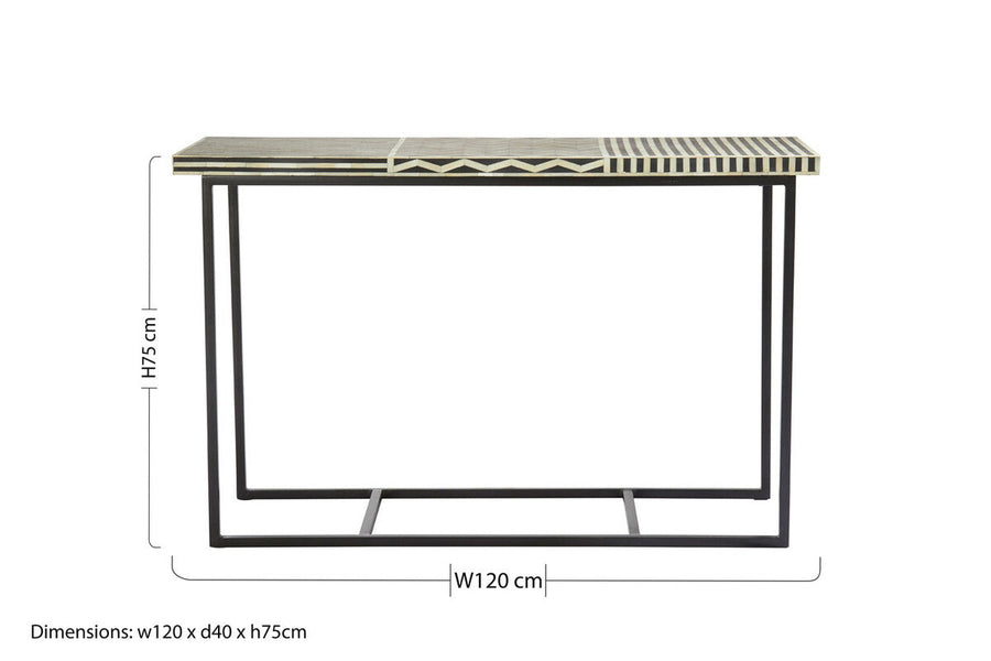 Black Console Table with Bone Inlay Pattern Top and Black Metal Base | Boho