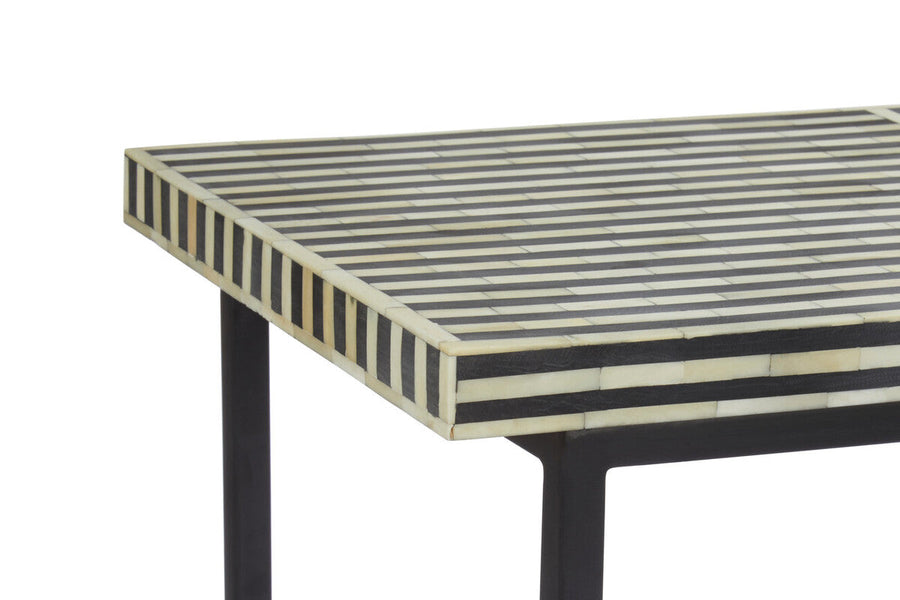 Black Console Table with Bone Inlay Pattern Top and Black Metal Base | Boho