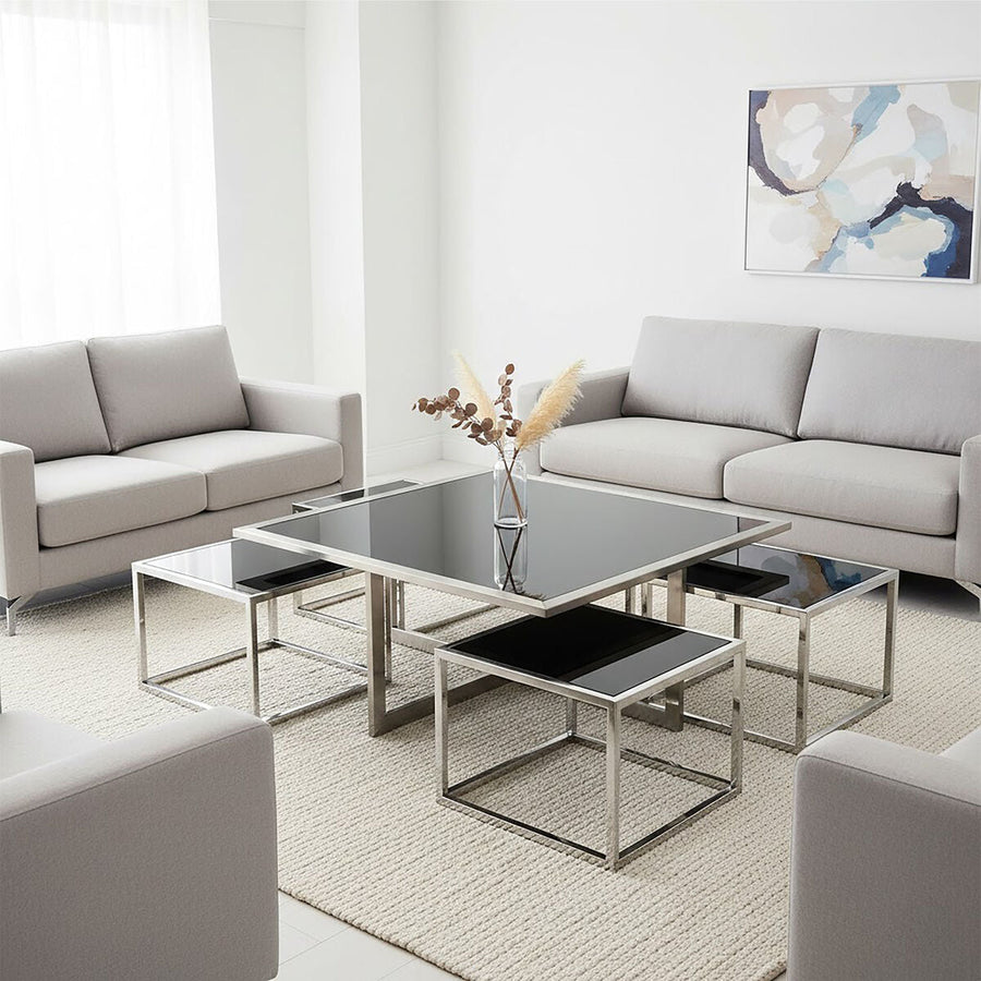 Black Tempered Glass Top and Silver Stainless Steel Frame Coffee Table with 4 Nesting Stools | Horizon
