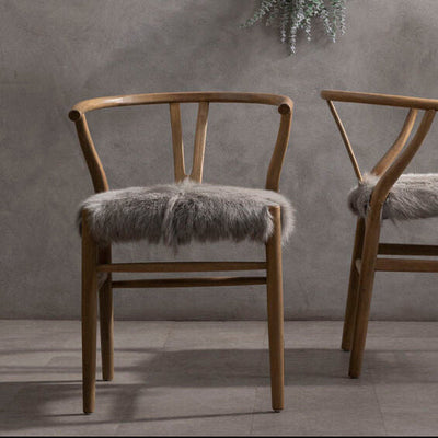 Natural Oak Wood and Grey Fur Dining Chair | Hazel