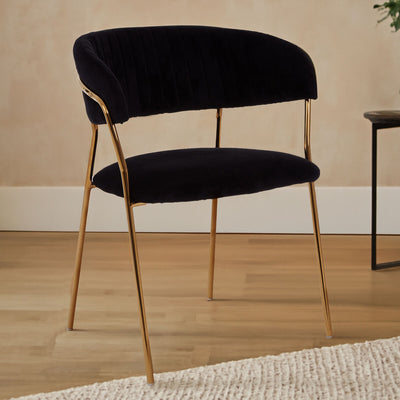 Black Velvet Channel Tufted Dining Chair with Gold Finish Legs | Tamzin