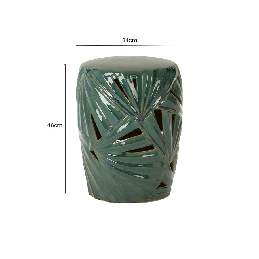 Green Glazed Ceramic Table Stool with Botanical Palm Leaf Design | Sorrell