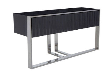 Grey Gloss Finish Fluted Top Console Table with 2 Drawers and Silver Steel Frame | Genoa