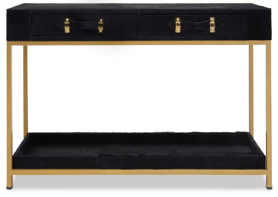 Black Hair-On-Leather 2-Drawer Console Table with Gold-Finished Metal Frame, Kensington Townhouse