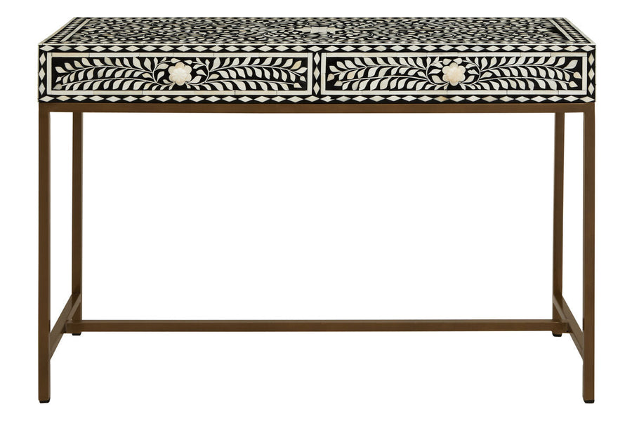 Black and White Floral Bone Inlay Console Table with 2 Storage Drawers and Gold Metal Base | Fusion