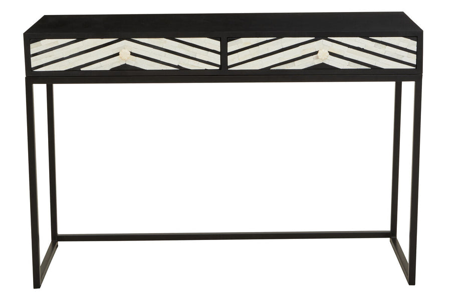 Black Wood 2-Drawer Console Table with Black and White Bone Inlay Chevron Fronts | Fusion