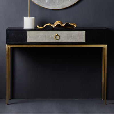 Black Top and Grey Shagreen Effect 1-Drawer Console Table with Gold Metal Legs | Deruta