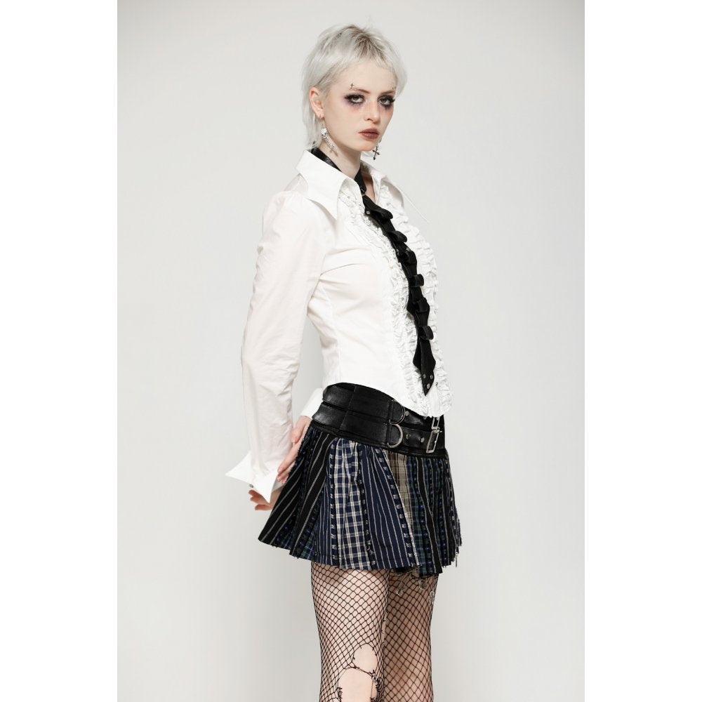 Dark in Love Sage Tartan Patchwork Leather-Waist Pleated Mini Skirt