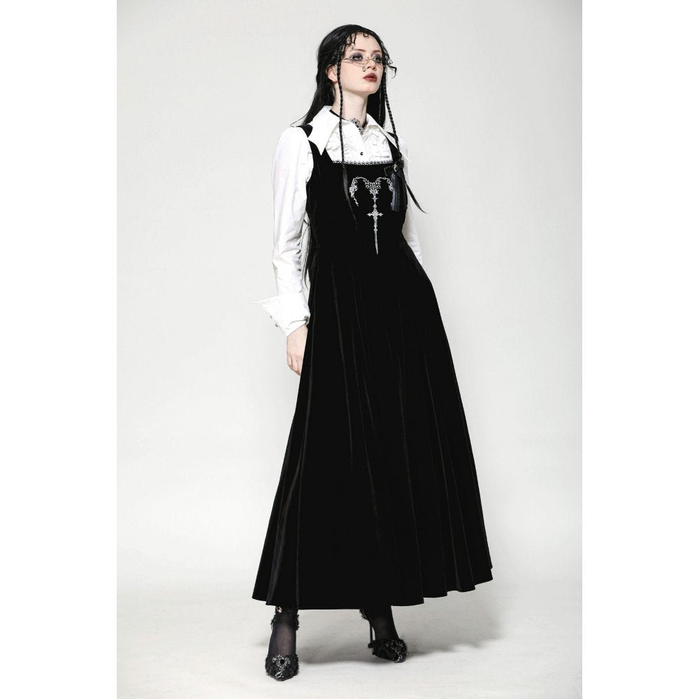 Dark in Love Lux Black Velvet Horn Embroidery Maxi Dress
