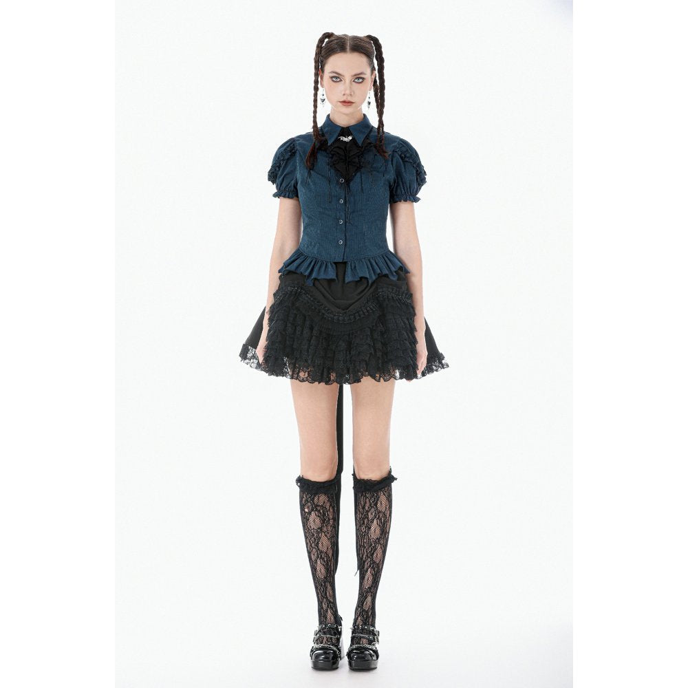 Dark in Love Gothic Academy Striped Puff-Sleeve Blouse
