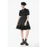 Dark in Love Belladonna Lace-Up High Collar Puff Sleeve Goth Dress  in Black