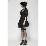 Dark in Love Luca Black Hollow Lace Gemstone Button Adjustable Waist Dress