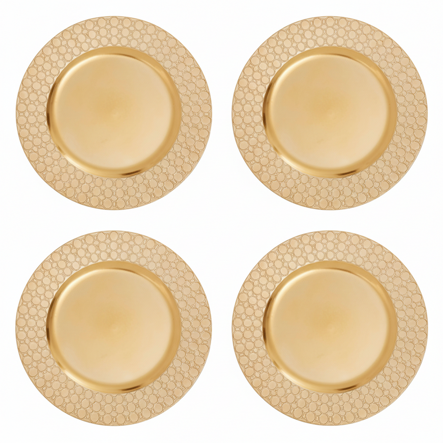 Set of Four 33cm Dia Gold Charger Plates with Octagon Pattern Rim