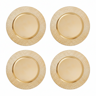 Set of Four 33cm Dia Gold Charger Plates with Hammered Rims