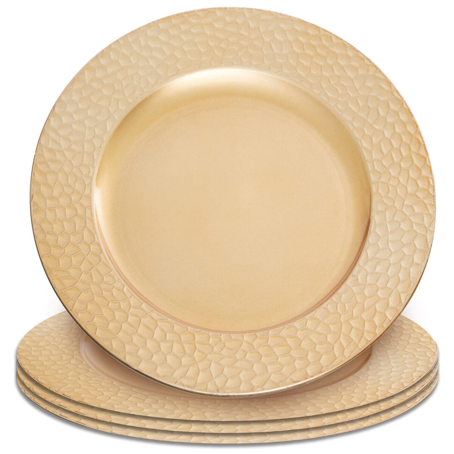Set of Four 33cm Dia Gold Charger Plates with Hammered Rims
