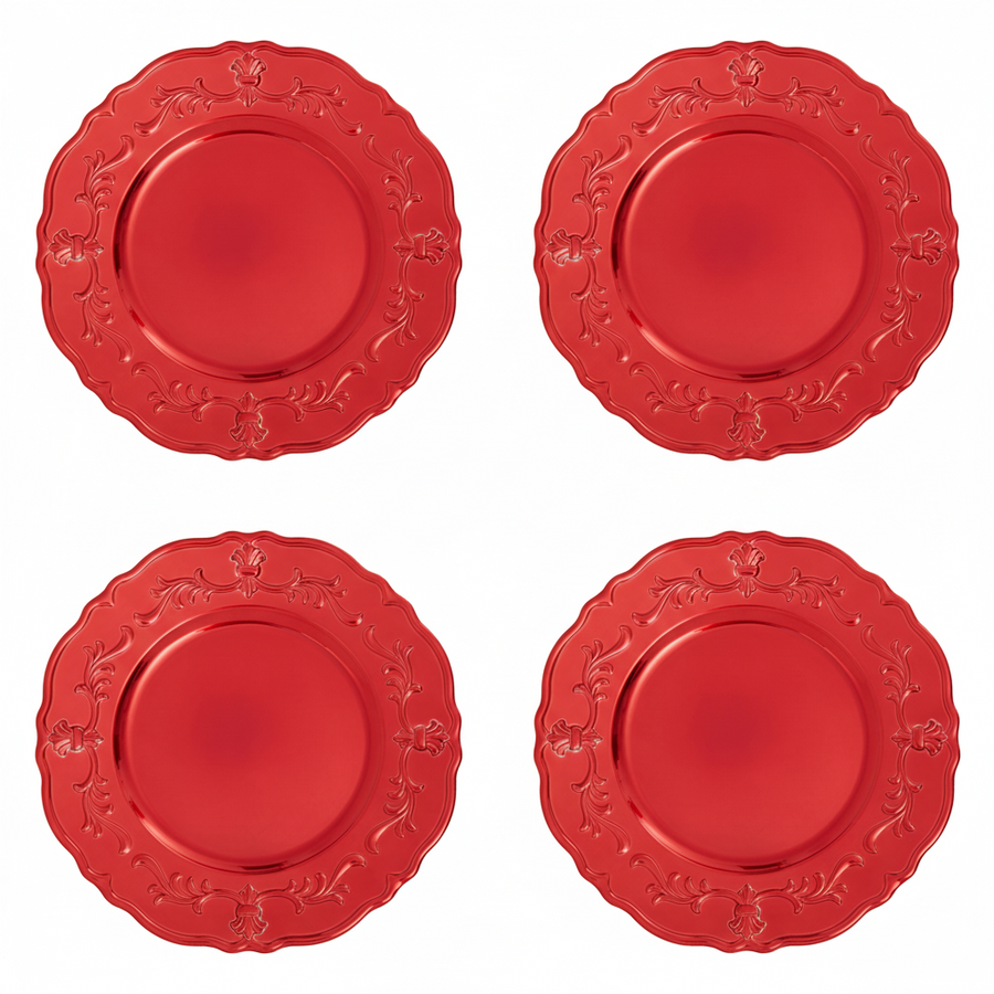 Set of Four 33cm Dia Red Finish Baroque Charger Plates